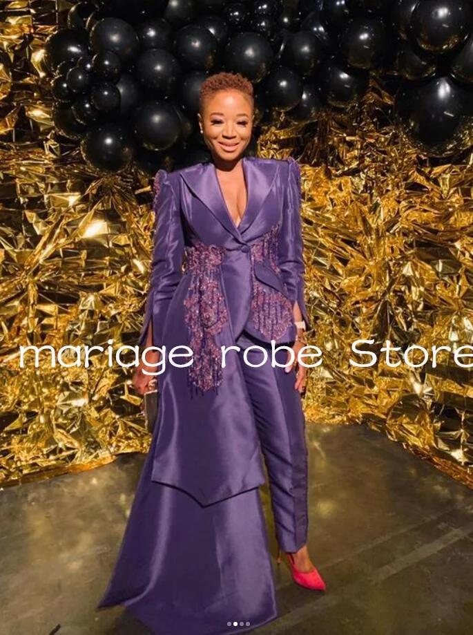 Purple Aso Ebi Jumpsuit Prom Dresses with Side Train Long Sleeve Sparkly Crystal Cusotmsized V-neck Evening Gown Pant Suit