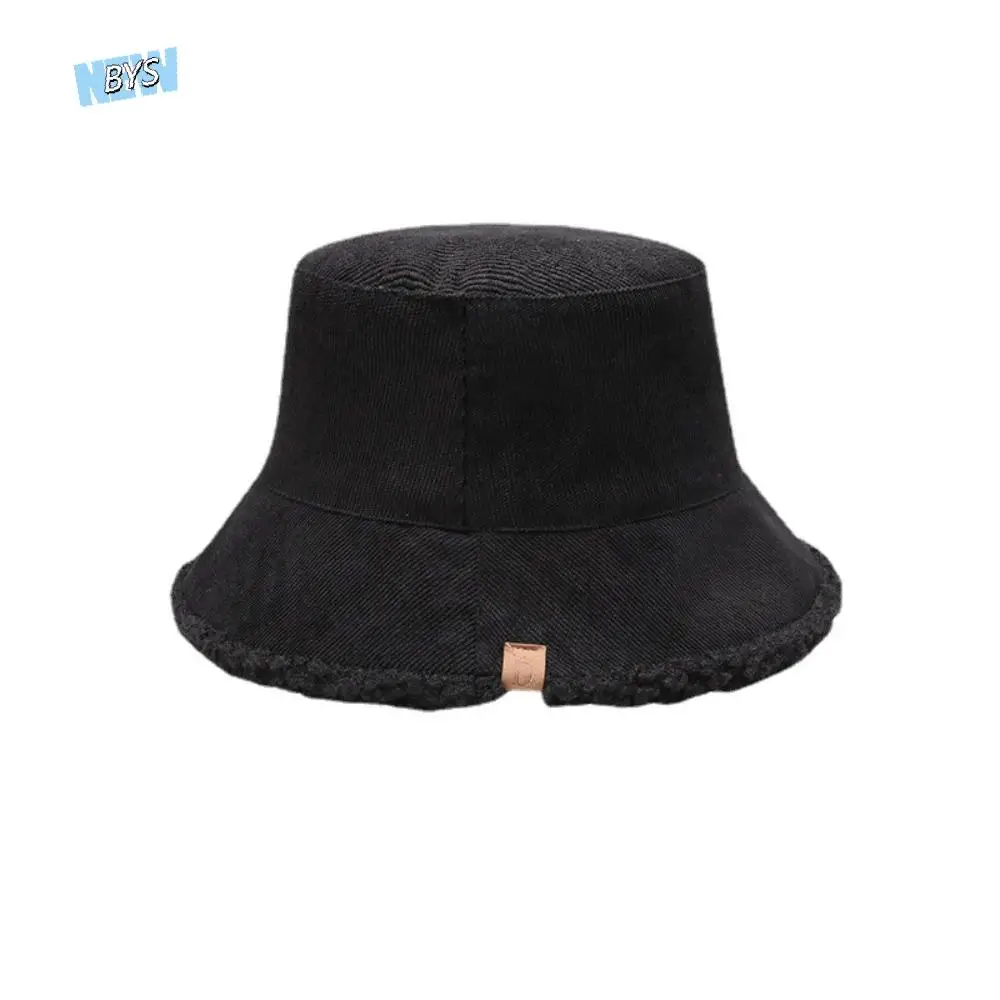 

Casual Lamb Wool Bucket Hat Sun Protection Double Sided Wearing Female Hats Winter Simple Winter Pure Color Warm Caps