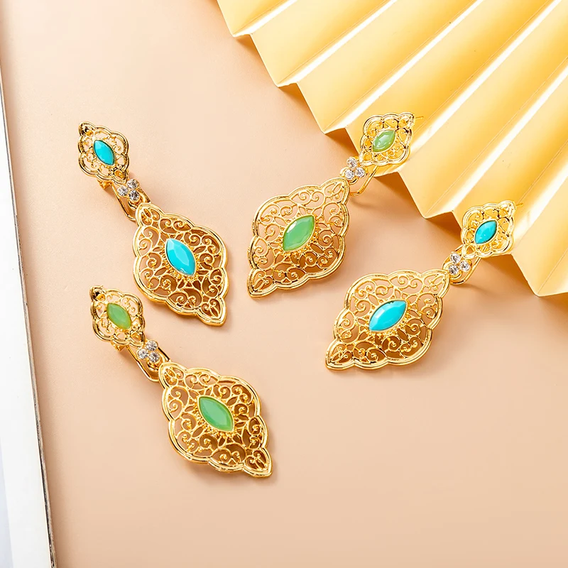 Moroccan Gold Color Bridal Jewelry Hollow Design Turquoise Mint Green Crystal Earrings Wedding Holiday Dress Eardrop