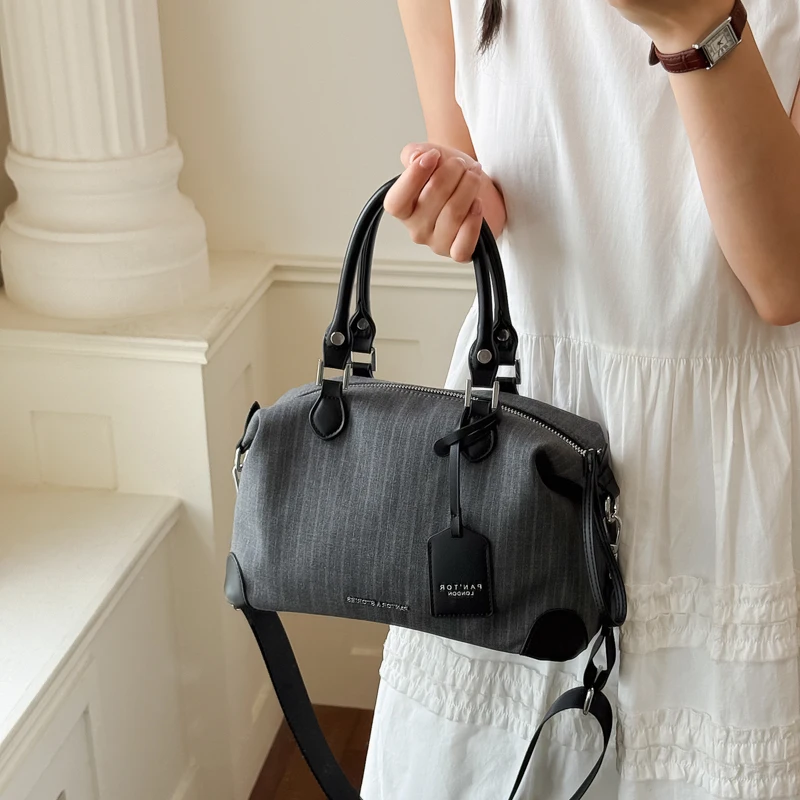 

New Arrival Women's Boston Bag Fashion Casual Striped Fabric Bowling Bags Large Capacity Handbag Retro Shoulder Messenger Bag