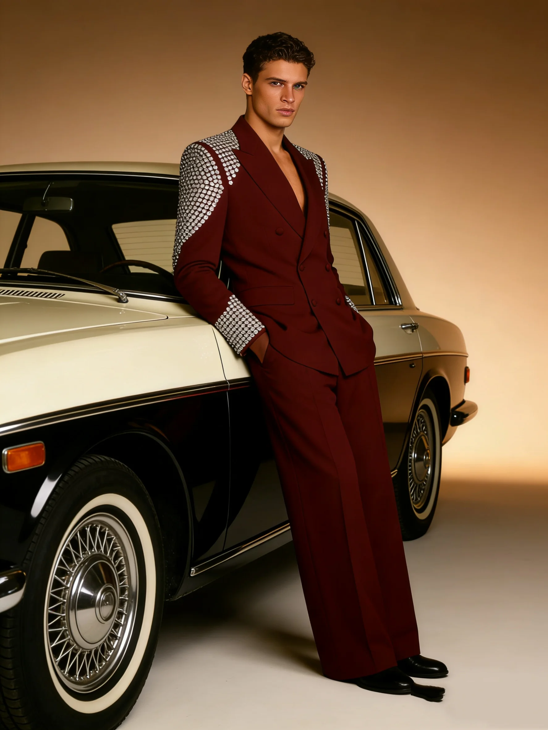 

Crystals Stone Men Suit Set 2 Piece Blazer+Pants Burgundy Prom Wedding Tuxedos Coat Customized Formal Office Fashion Jacket