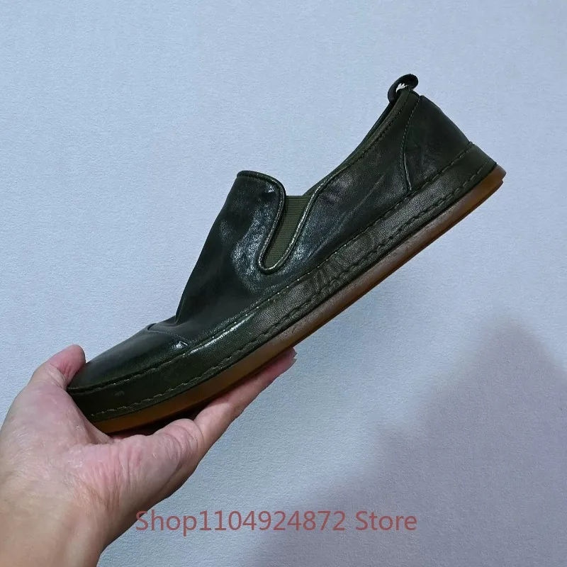 British Style Genuine Leather Brown Loafers Men's Vintage Washed Horsehide High-end Casual Walking Flats Male Leather Shoes