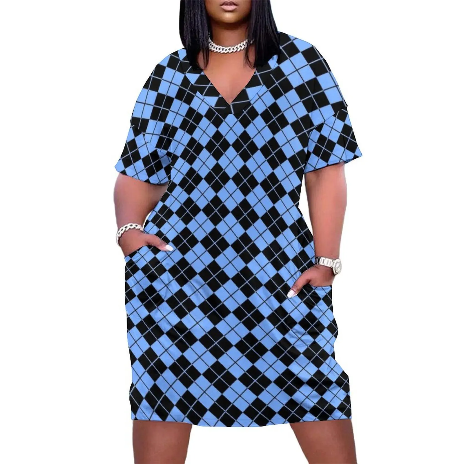 Carolina Blue/Black Argyle Loose Pocket Dress elegant evening dresses for women 2025 women evening dress