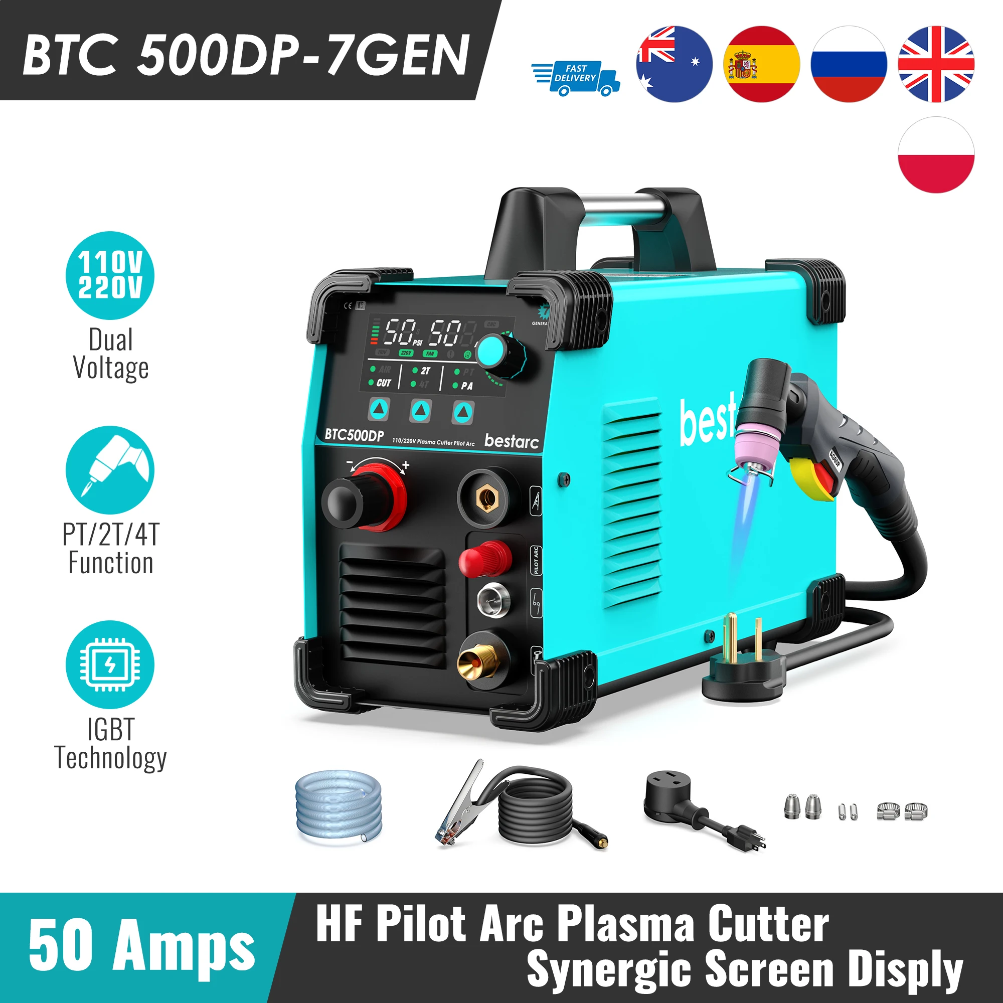 bestarc Plasma Cutter, Pilot Arc BTC500DP 7th GEN 50Amps Screen Display Single Phase Voltage 220V Digital Plasma Cutting Machine