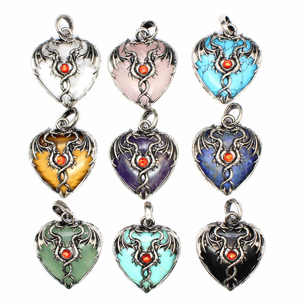 

Double Dragon Stone Pendants Natural Gemstone Heart Crystal Quartz Amulet Vintage Necklaces for Man Women Halloween Jewelry Gift
