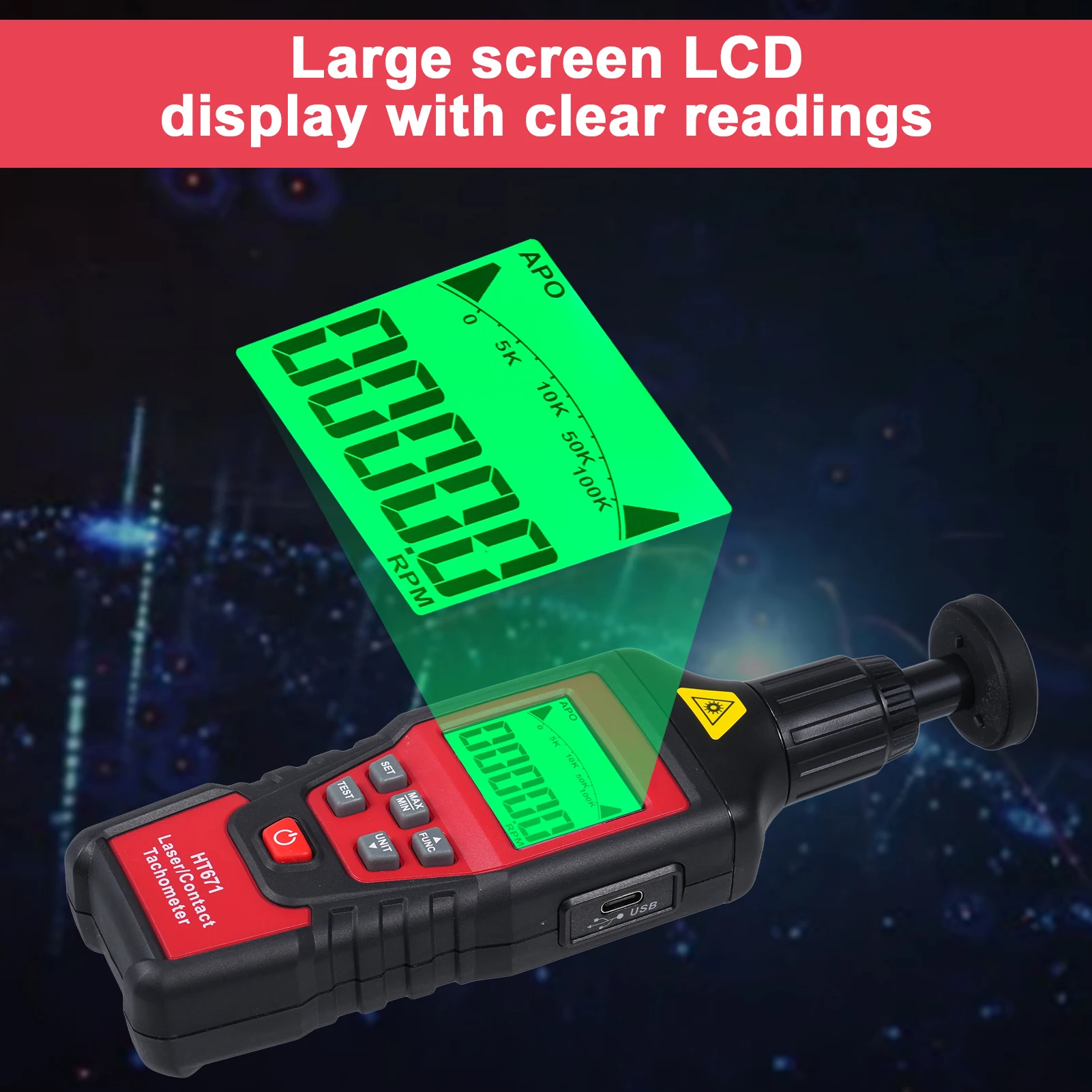 مقياس سرعة الدوران الرقمي 2 في 1 مقياس سرعة الدوران الاستشعار الكهروضوئي مقياس سرعة الدوران تسجيل القيم القصوى تلقائيا مع شاشة LCD #5