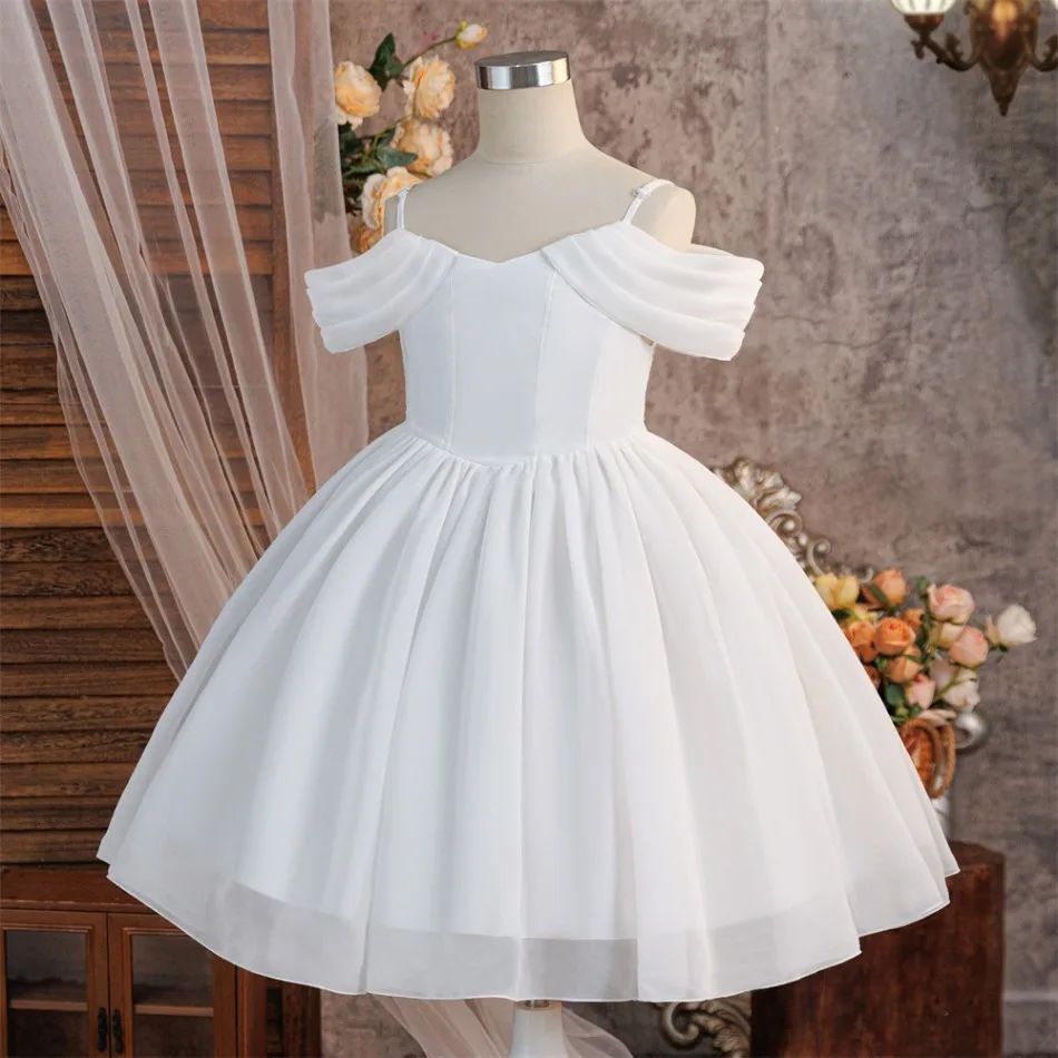Girls White Off-Shoulder Satin Ball Gown Pleated Shoulder Bodice Fitted Waist Full Puffy Skirt Kids Birthday Party Costume ASQ03