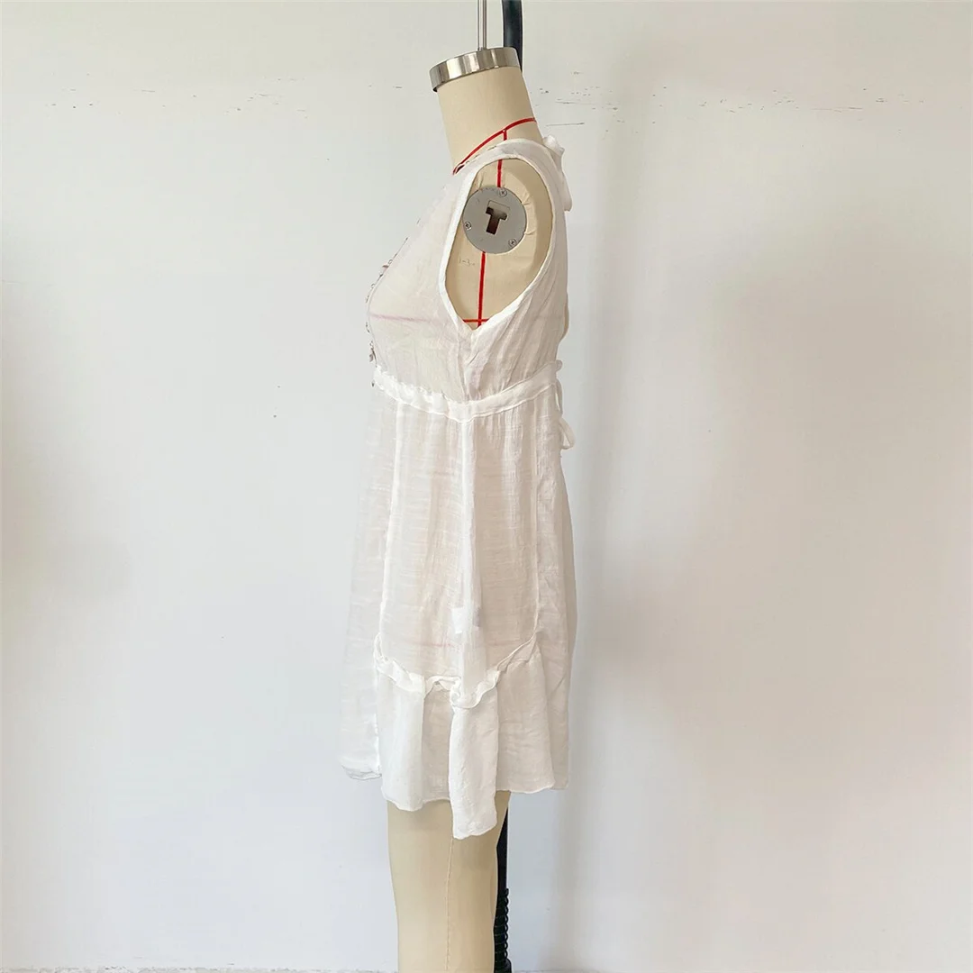 Gekräuselter V-Ausschnitt, ärmelloses, gehäkeltes, gestricktes Tunika-Strandkleid, Strandkleid, Strandmode, Damen, K8577 – Detail 7