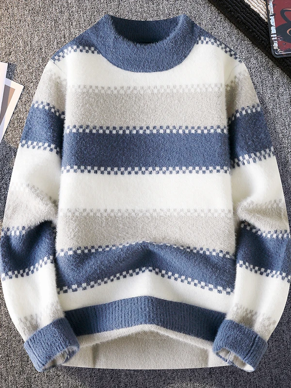 Suéter Masculino de Tricô com Pelo de Coelho Aquático, Estilo Casual de Outono/Inverno, Top Quente de Manga Longa com Gola Re...