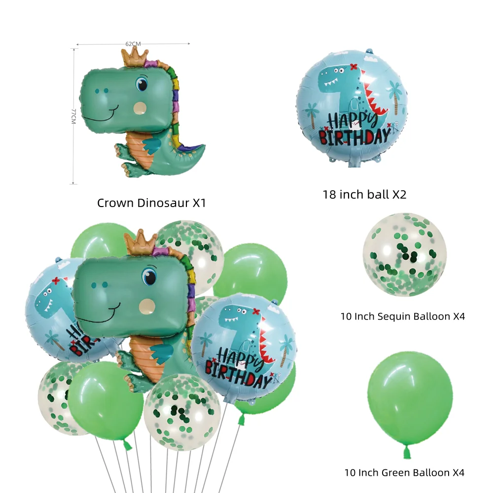 Dinosaur Themed Series Foil Balloons Set Green Paper Confetti Clear Latex Balloons for Kids Birthday Party Decoration 11PCS/Pack