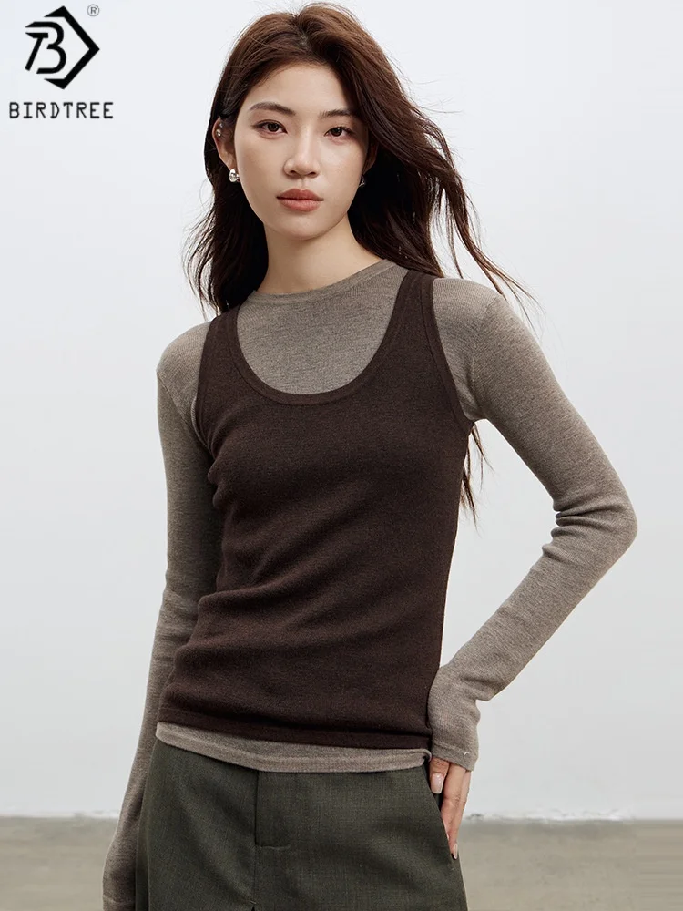 

Birdtree 4,4% овечьей шерсти 3,7% шелковый жилет с длинными рукавами, базовый комплект рубашек, женский шерстяной шелковый комплект, осенний вязаный костюм, топ T58718JF