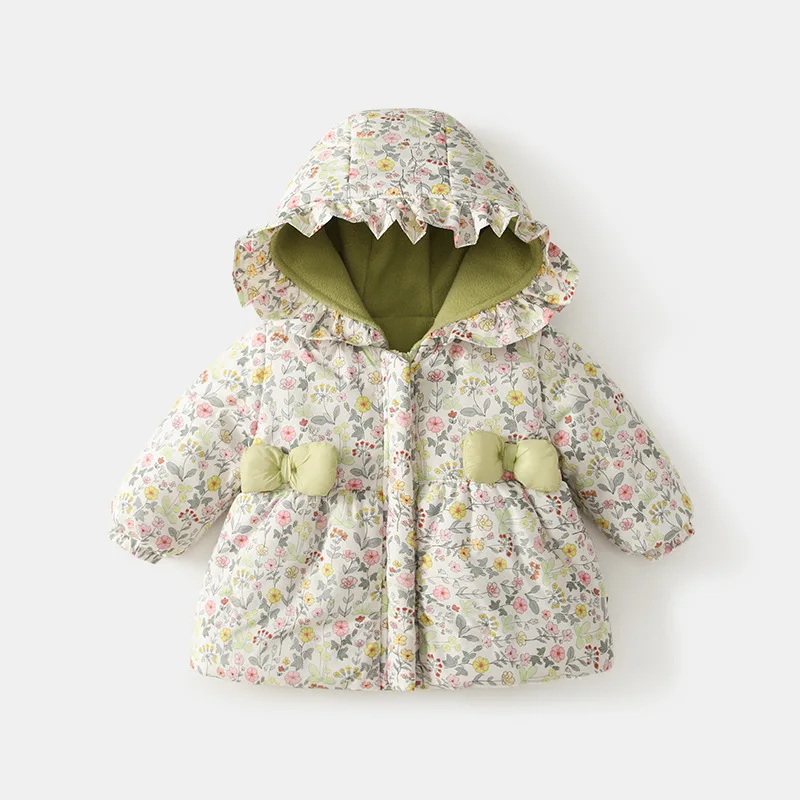 

Winter Baby New Thick Cotton Coat Baby Girls Cute Bow Small Floral Print Warm Coat Long Sleeves Hooded Jacket 0-1 Years