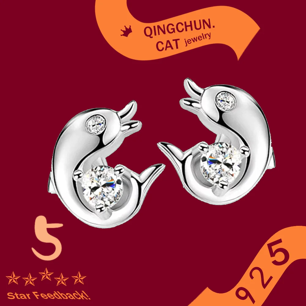 

Engagement Fashion Charm Jewelry Gift Stamp 925 silver needle White Crystal Dolphin Cute Stud Earrings For Woman Girls 2026