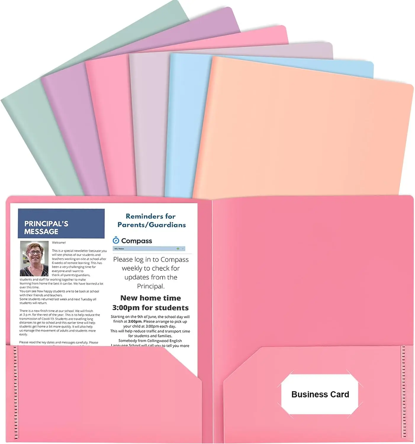 

6 Pack Pastel Colored File Folders with Pockets and Business Card Holder, Plastic Folders for School, Office, Filing Cabinet