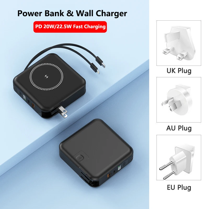 

10000mAh Magnetic Wireless Power Bank with Cable AC Plug Wall Charger 22.5W Fast Charging for iPhone 15 Xiaomi Samsung Powerbank