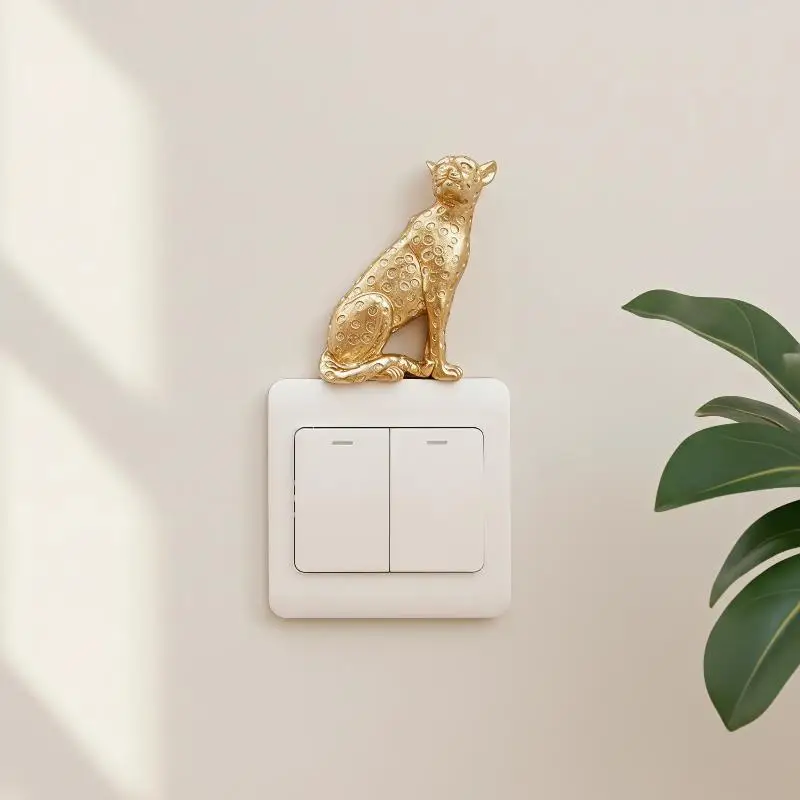 Cute Leopard Light Switch Decoration Self-Adhesive Detachable Resin Figurine Creative Wall Art for Kids Room Home Decor
