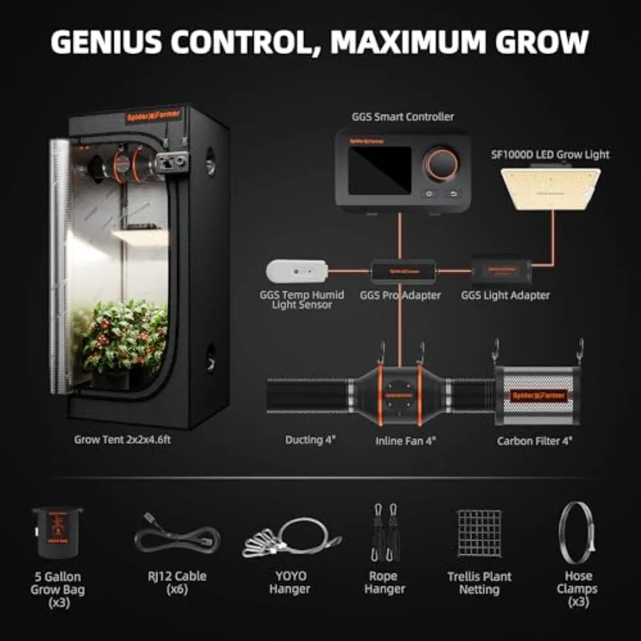 Indoor grow tent kit for small-space cultivation, durable polyester fabric, black/white color, includes full-spectrum LED light