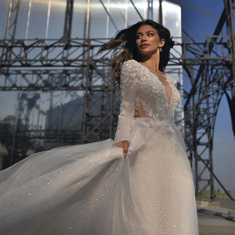 Elegantes vestidos de noiva sem alças com renda feminina, vestidos de noiva de manga cheia, tule macio, novo, verão, 2024