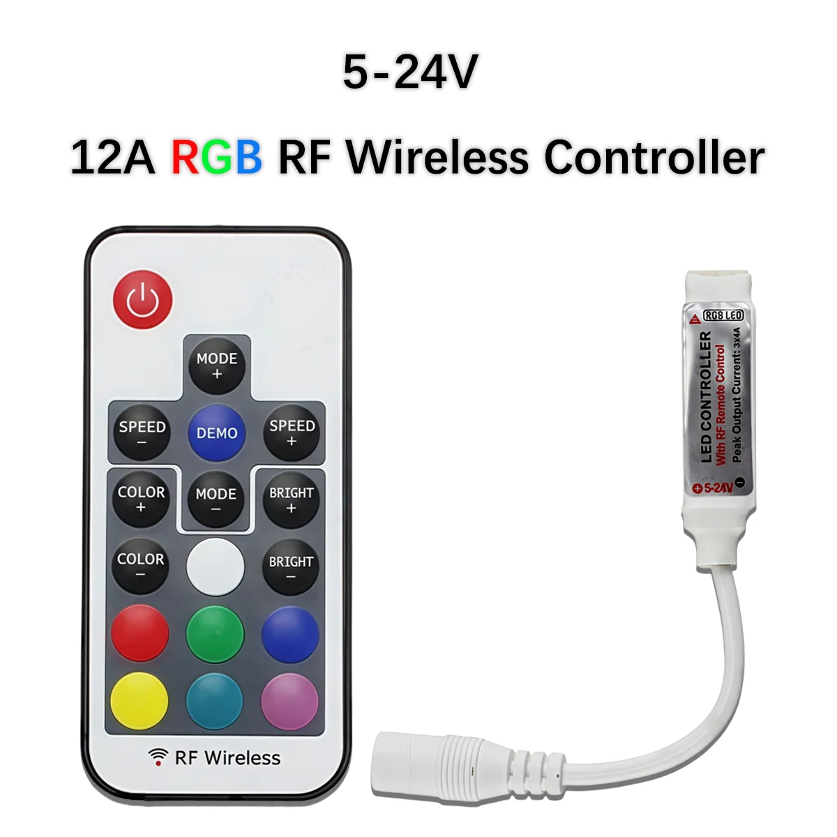 RF Wireless RGB LED Controller - Remote Dimmer for 5050 Color Changing Strip Lights, 5-24V DC