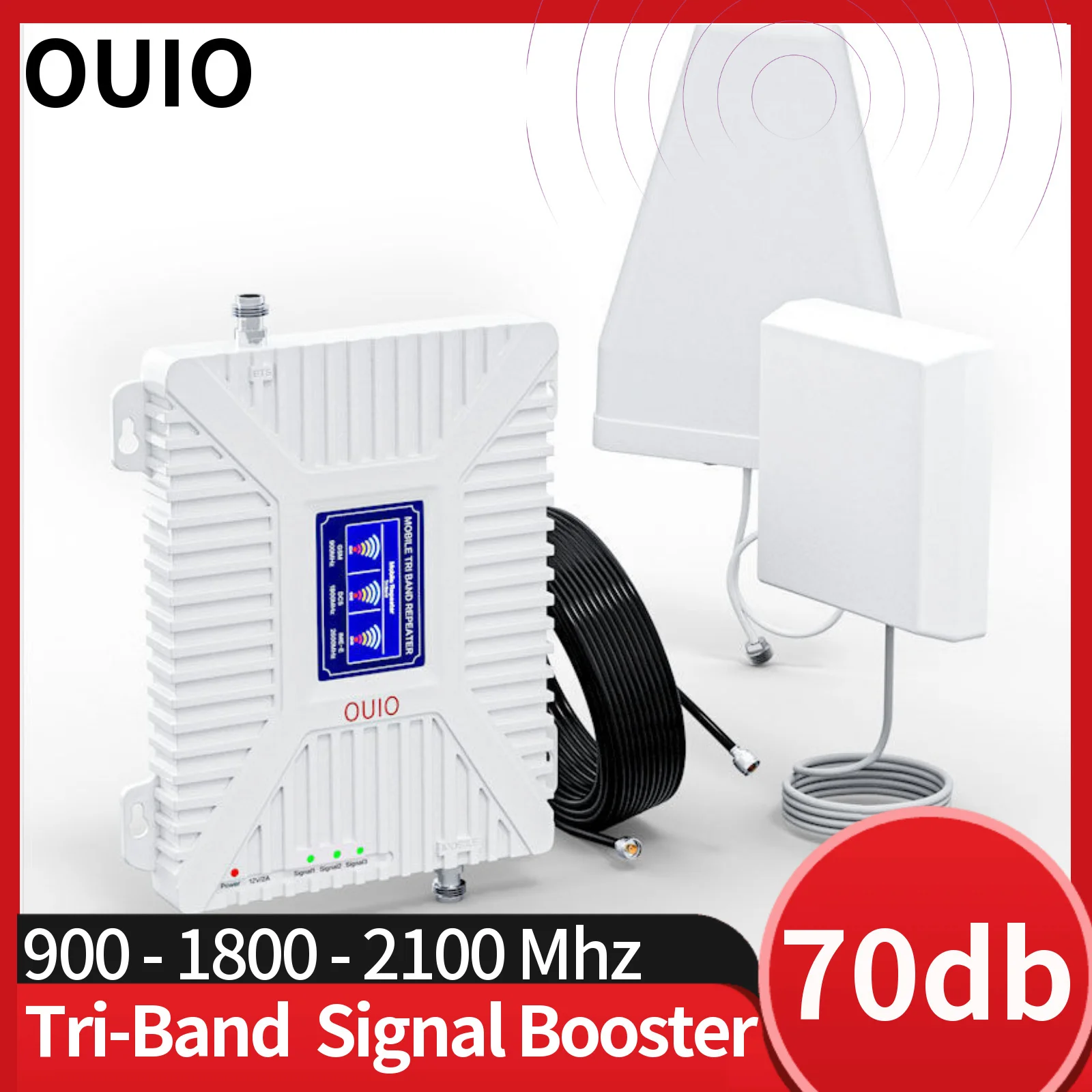 OUIO Fullset Tri-Band Band8/3/1 900/1800/2100 Amplifier GSM WCDMA UMTS LTE 900Mhz 1800MHz 2100MHz Booster Repeater +360 Antenna