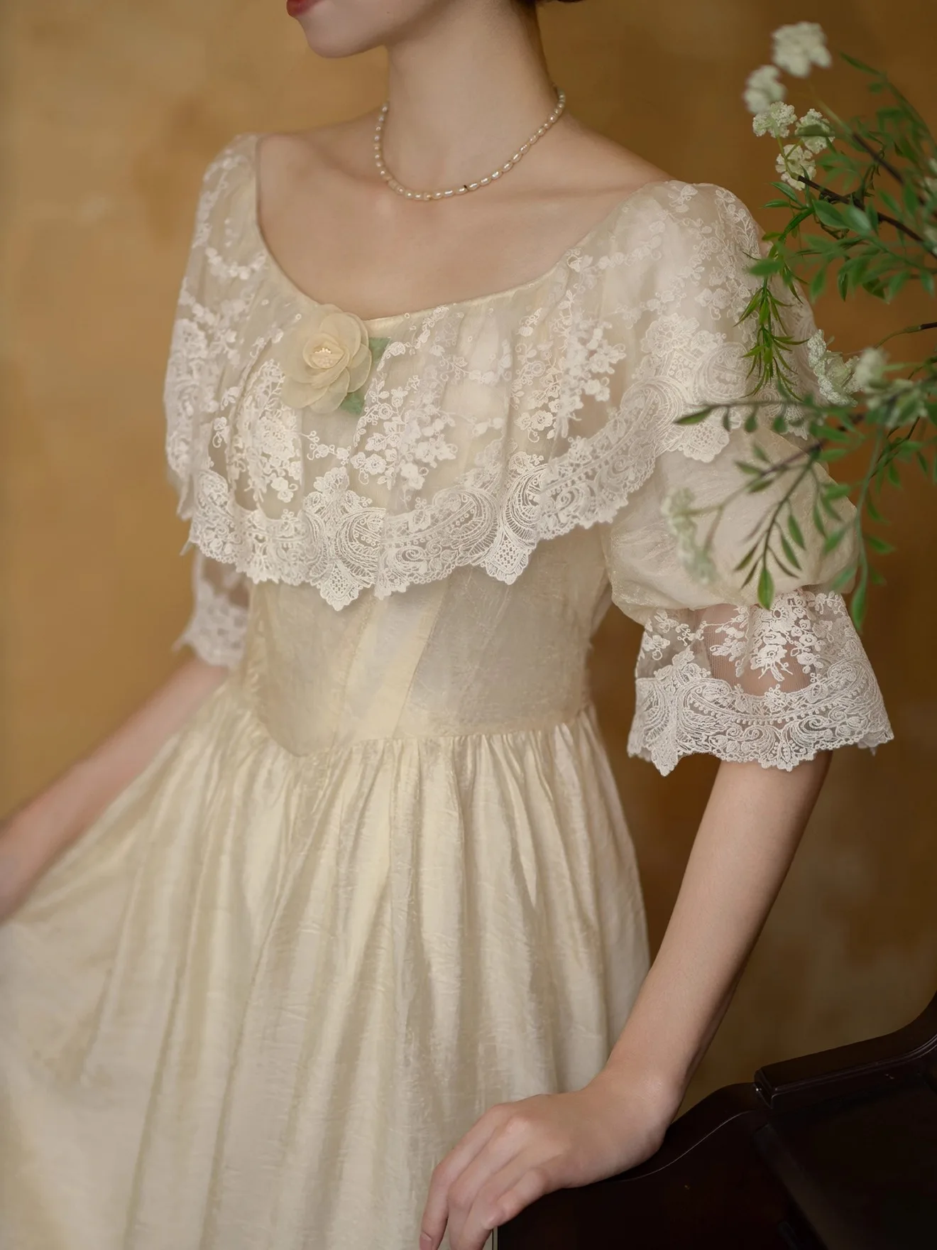 TIYIHAILEY Abito estivo da donna in pizzo di cotone con fodera mezza manica lunga maxi da donna S-XL fiori staccabili vintage a vita alta