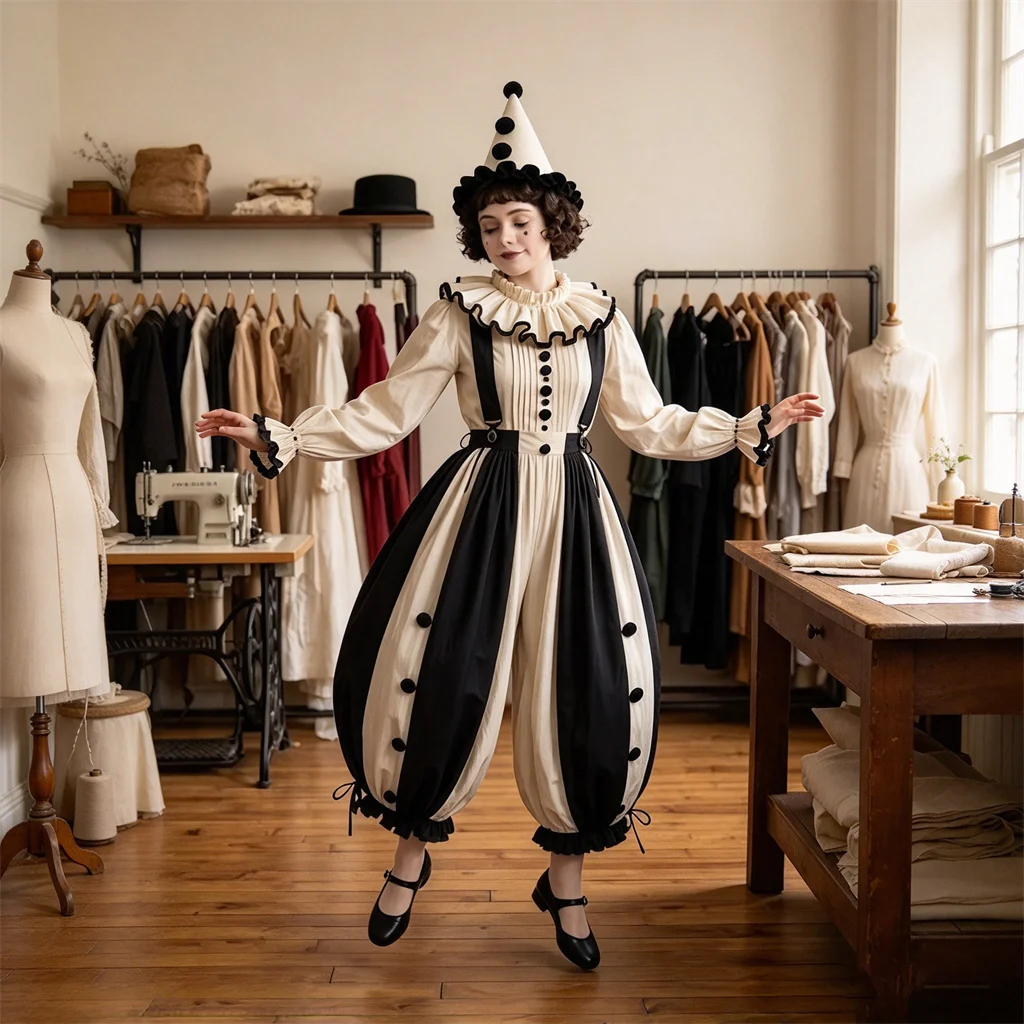 Costume de Harlequin médiéval victorien, ensemble de tenues à manches bouffantes avec chapeau, pour femmes et hommes, costume de clown fantaisie pour Halloween et carnaval.