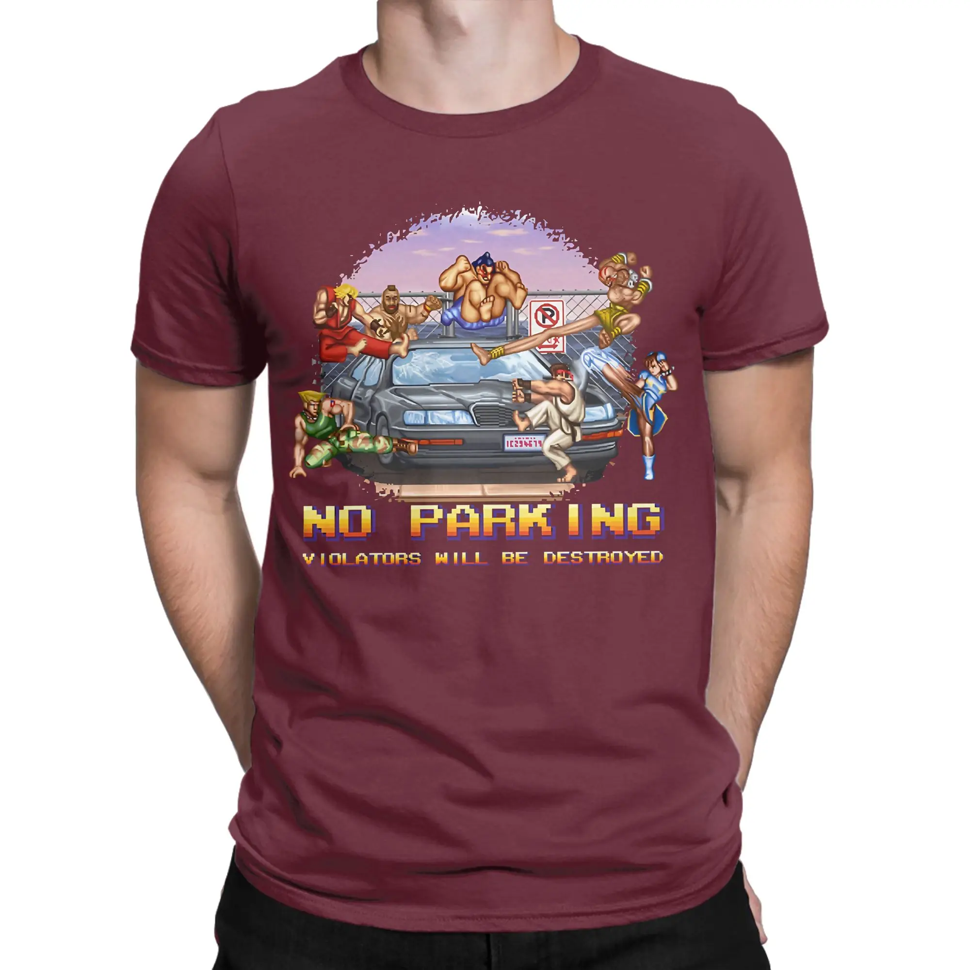 No Parking Violators will be Destroyed Street Fighters T Shirts Men Cotton Cool T-Shirts O Neck  Tee Shirt Short Sleeve Clothes