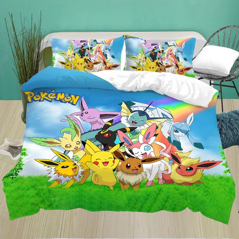 Pokemon Cartoon Quilt Cover Printed Bedding Suit Pikachu Strip Bed, Baby Kid Bedroom Bedclothes Bed Quilts Bedclothes 2/3pcs Set