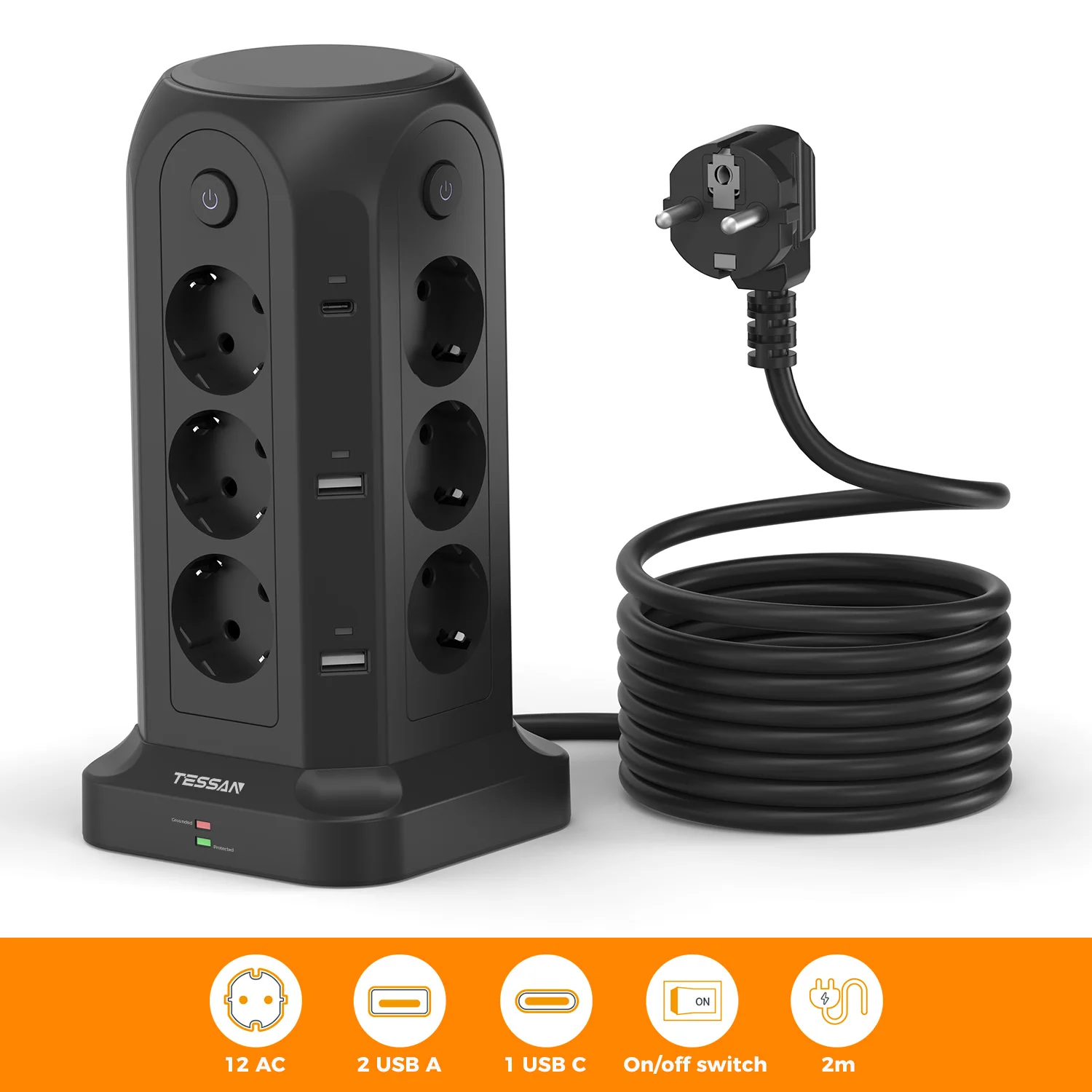 TESSAN multiprise avec 12 prises ca, 4 ports USB, 4 commutateurs, prise ue, tour, rallonge de 2M, Protection contre les surtensions