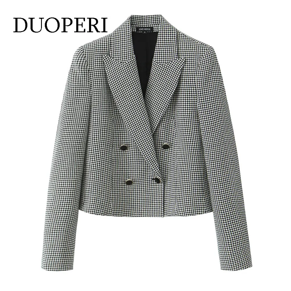 

DUOPERI женский укороченный блейзер в клетку с зубчатым вырезом и длинными рукавами, повседневная женская шикарная женская одежда