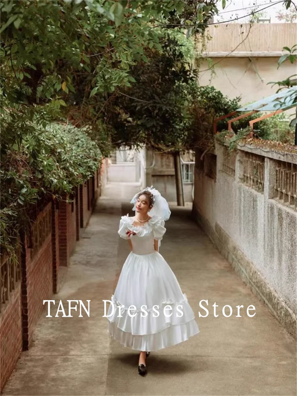 TAFN-vestido de novia con lazo de satén para estudio, traje de manga corta con volantes, estilo Retro ligero, ideal para sesión de fotos, novedad de 2025