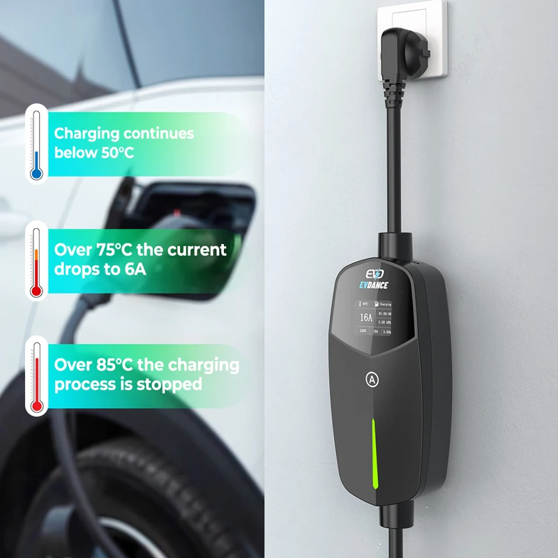 EVDANCE Portable EV Chargers 16A OLED Display Car Electrical Devices with Eu Plug 3.68Kw Charging Cable IEC 62196 Socket