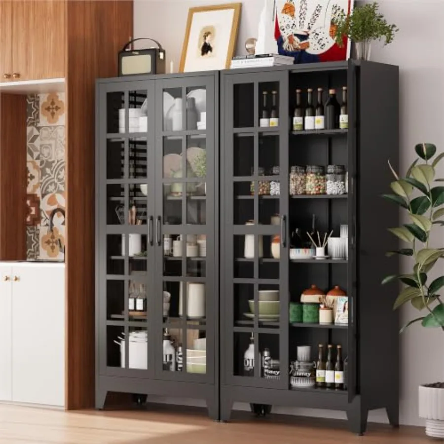71 Metal Pantry Cabinet with Glass Doors for Living Room, Steel, Black, Adjustable Shelves and Soft-Close Doors