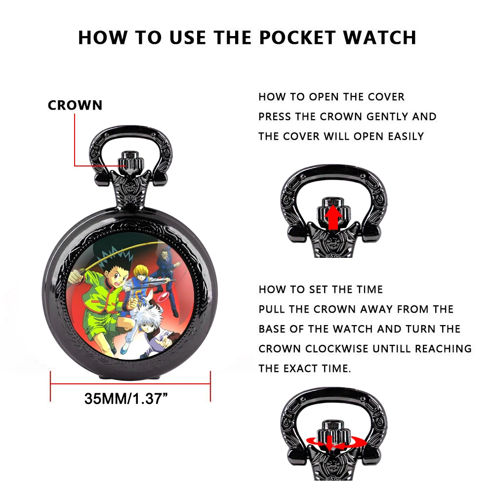 Hunter × Hunter Glass Dome Black Quartz Pocket Watch with Arabic Numerals Dial and Durable Chain Retro Gift for Men Women