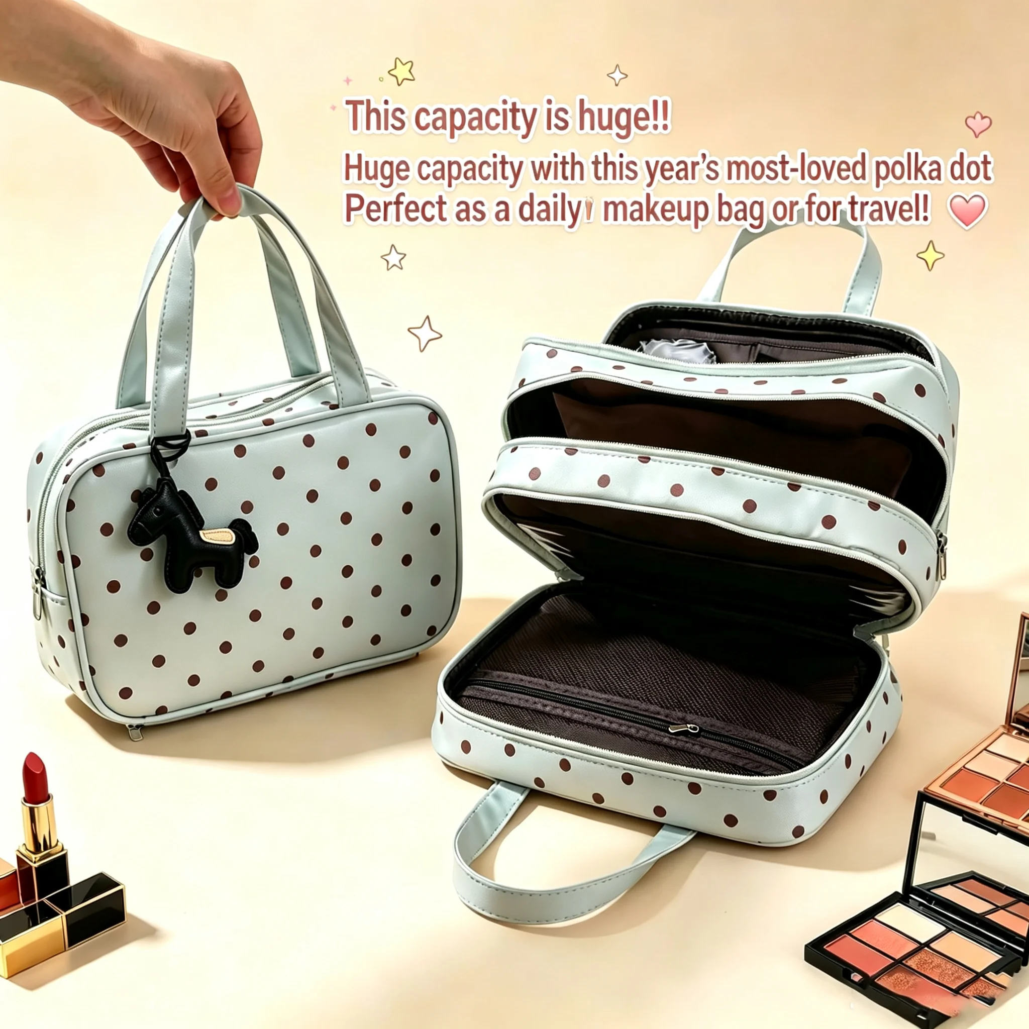 2026 Polka-Dot Handheld Cosmetic Bag with Three-Layer Partition Large-Capacity Portable Travel Toiletry And Storage Bag