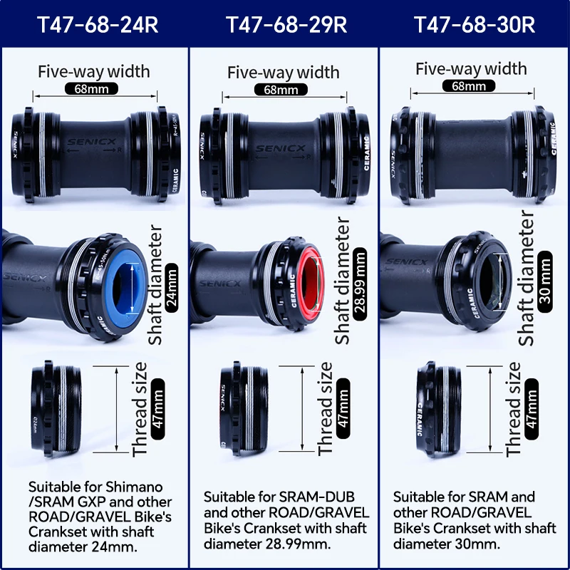 SENICX T47 Bottom Bracket Ceramic Bearing Dustproof Bicycle BB 24/28.99 DUB/30mm Axis Central Movement Fit for Shimano/SRAM GXP