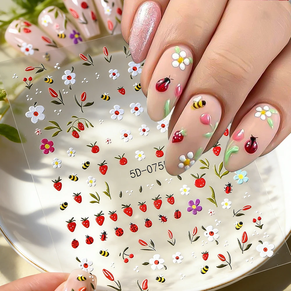 5D Embossed Strawberry Ladybug Flower Nail Stickers Sweet Spring Tulip Bees Colorful Nail Decals Leafy Floral Manicure Sliders