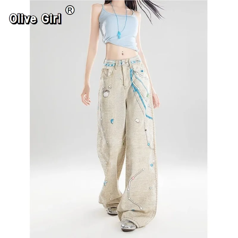 Olivegirl Women's Retro Jeans Slim Wide Leg Pants New Chain Lace Print Design American Style Jeans Trousers
