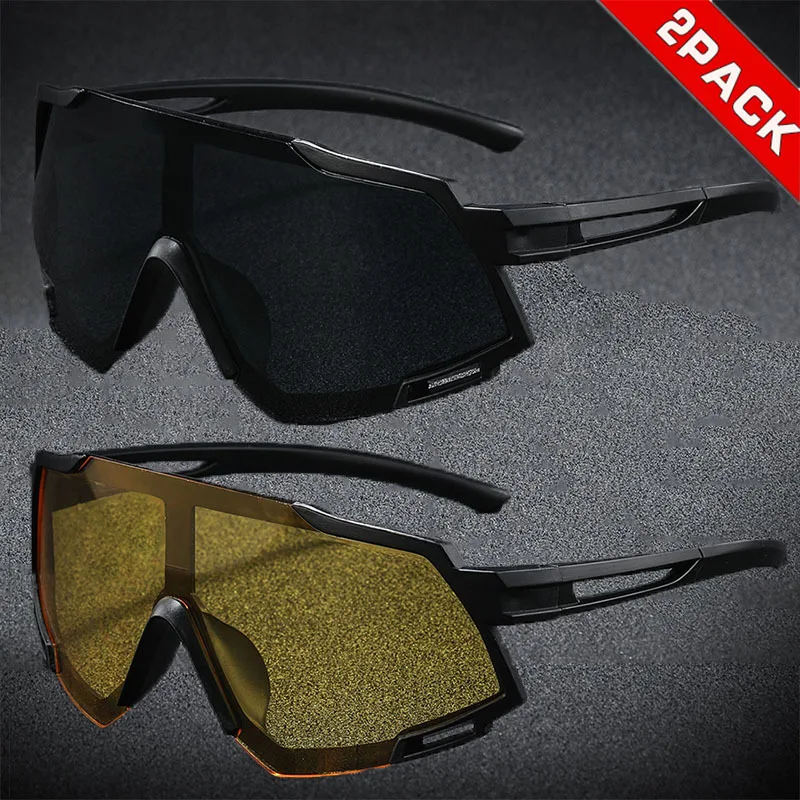 Conjunto de 2 Óculos de Ciclismo Esportivos para Homens e Mulheres, Proteção UV400 à Prova de Vento, Óculos de Visão Diurna e Noturna para Corrida, Caminhada e Atividades ao Ar Livre