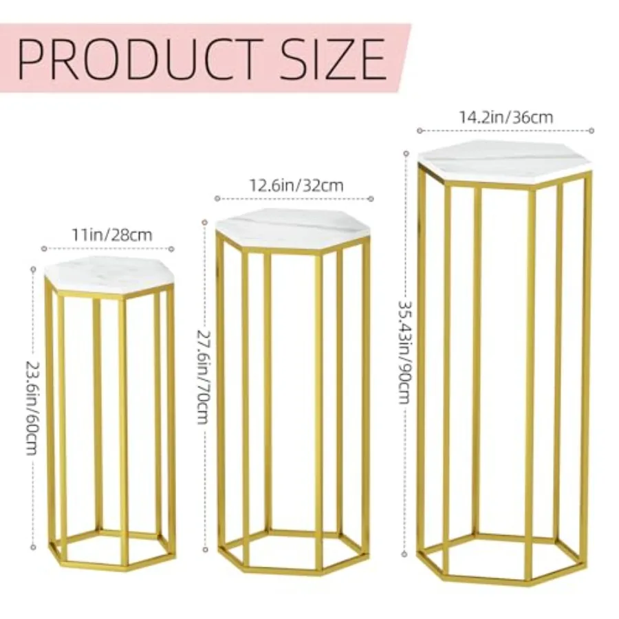 Cylinder Stands for Party, Set of 3 Gold Metal Hexagon Cake Pedestal Stand with Marbled Countertop, Flower Stands, 3PCS, Gold