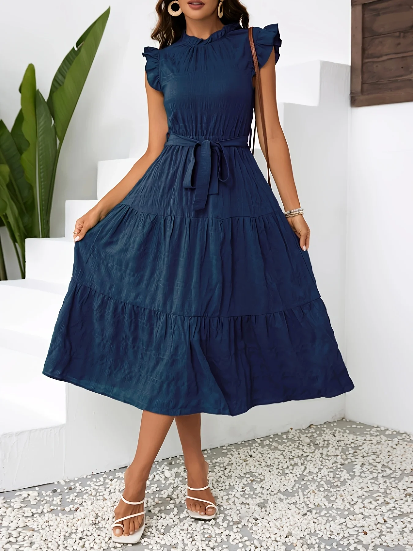 2026 Summer New French Style Ruffled Stand Collar Lotus Sleeve Dress for Women, Tie Waist Layered Midi Dress, Vacation Commuting Elegant Dress
