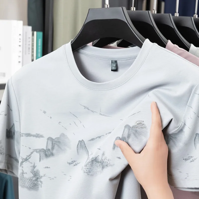 GELITAYIN Men Luxury Fashion Landscape Printing Short Sleeve Elastic Ice Silk Cool Fabric Seamless Premium Tshirt Summer Lightwe
