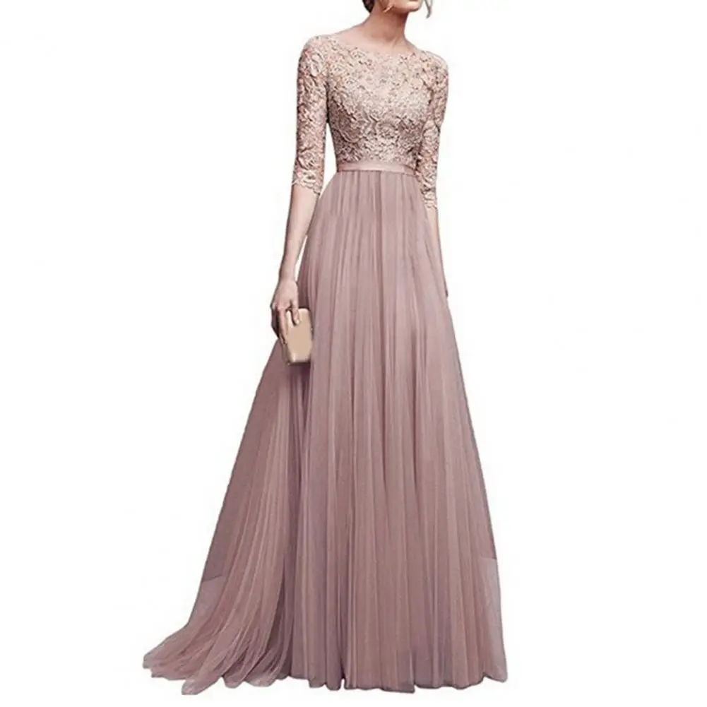 Women Prom Party Dress Round Neck Lace Flower Half Sleeve Tight Waist Floor Length Pleated Lady Maxi Evening Dress