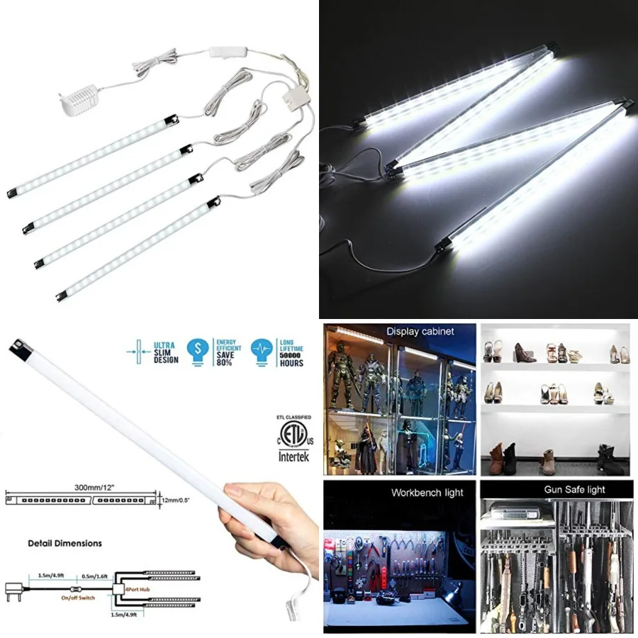 

4-Pack 12-inch LED Light Bar for Display Cases and Cabinets, Plug-in Under Counter Lighting Strip, 6000K White