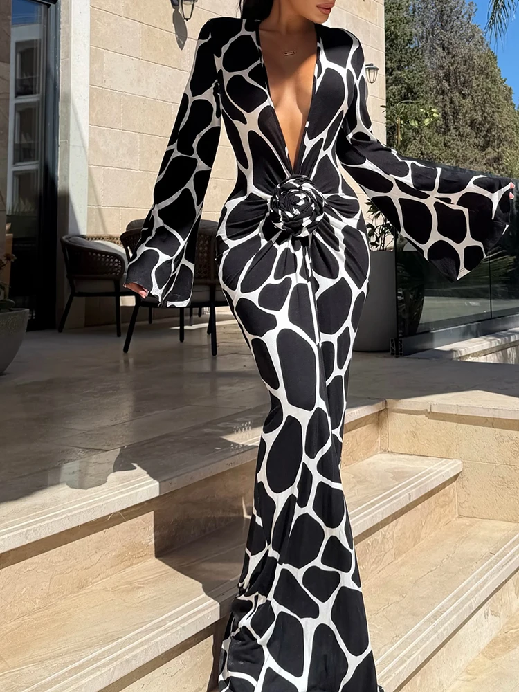 Weird Puss Farbblockierendes langes Kleid für Damen, 3D-Blumendekoration, tiefer V-Ausschnitt, lange Ärmel, für den Urlaub, gerafft, eleganter Stil, Vestidos – Detail 5