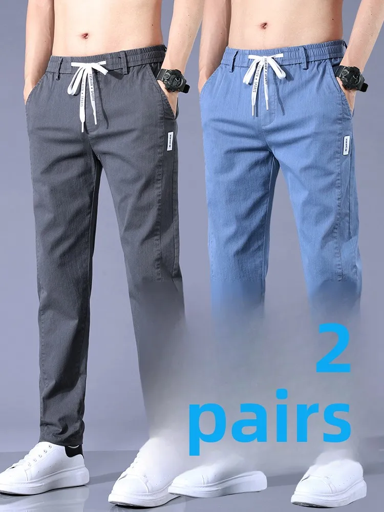 

Elastic Waist Casual Loose Fit Thin Cotton Denim Jeans for Men Summer Spring Autumn Straight Leg Length Dstring Youth Faion