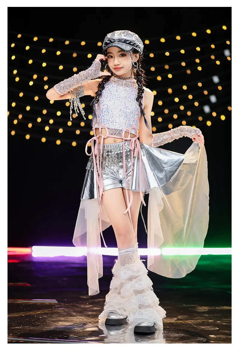 Neues Jazz-Tanzkostüm für Kinder, Mädchen-Streetdance-Paillettenweste, Lederhose, Rock, Bühnenkostüm für Auftritte – Detail 7
