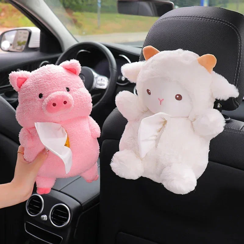 Kawaii Car Tissue Box Plush Doll Piggy Sheep Napkin Tissue Paper Holder Car Styling Portable Paper Case Home Napkin Paper Holder