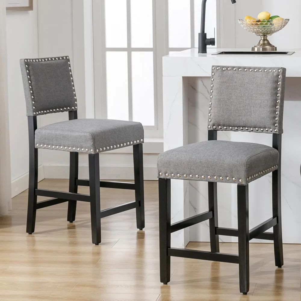 

24 Inch Bar Stools Set of 2, Counter Height Stools, Fabric Upholstered Barstools with Back and Wood Leg