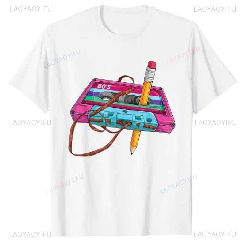 70's 80's 90's Vintage Cassette Tape Pencil Music Mixtape Printed T-Shirt Funny Womes Birthday Gift Graphic Tee